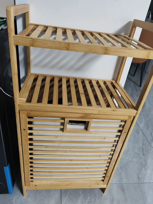Adjustable Bamboo Laundry Hamper & Bathroom Rack with Pull-Out Shelves