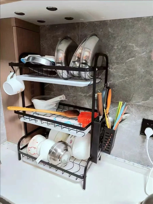 2/3-Tier Stainless Steel Dish Rack with Utensil Holder — Compact Rustproof Countertop Drainer