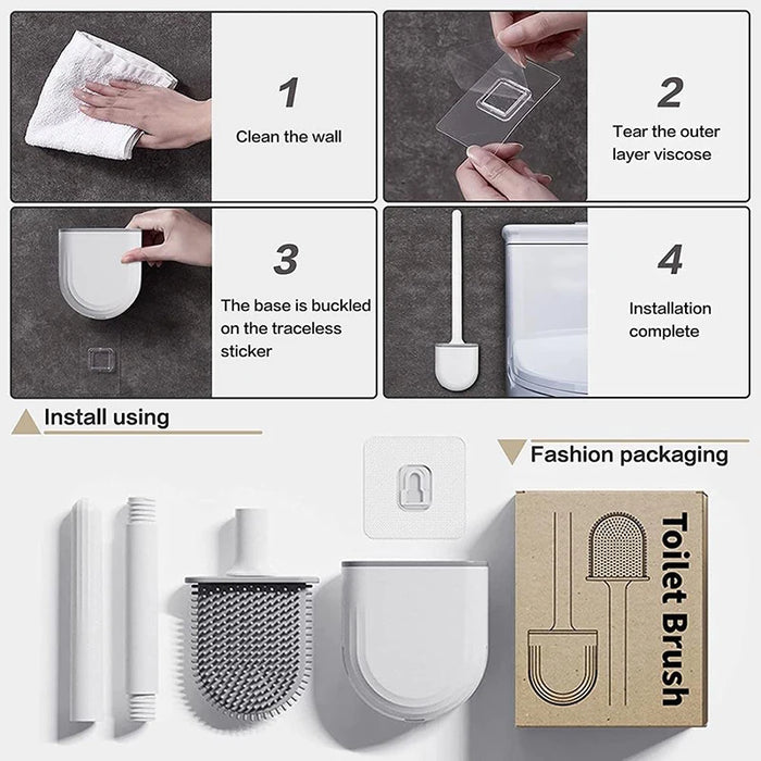 Wall-mounted Silicone Toilet Brush & Holder — Long Non-slip Handle, Ventilated Case, No-drill Fit