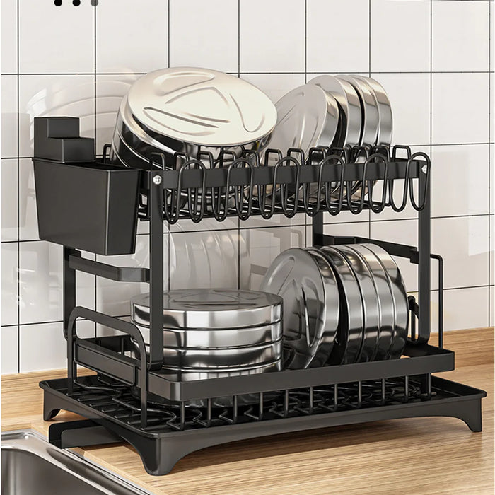 Adjustable 2-Tier Dish Drainer Rack — Plate, Bowl & Cutlery Organiser