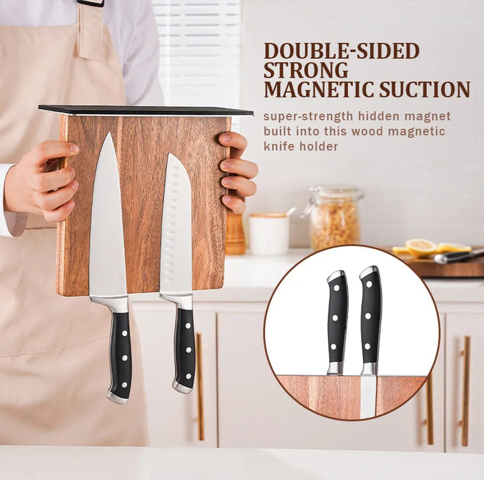 Acacia Wood Magnetic Knife Block with Stainless Steel Base