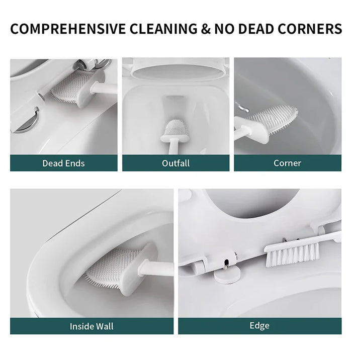 Wall-mounted Silicone Toilet Brush & Holder — Long Non-slip Handle, Ventilated Case, No-drill Fit