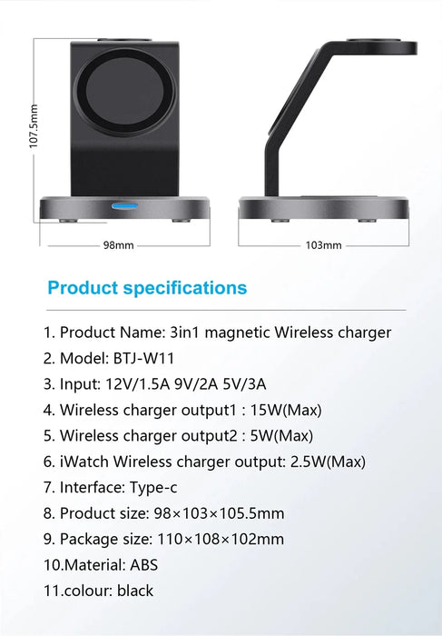 3‑in‑1 Magnetic Wireless Charging Stand for iPhone, Apple Watch & AirPods (USB‑C)