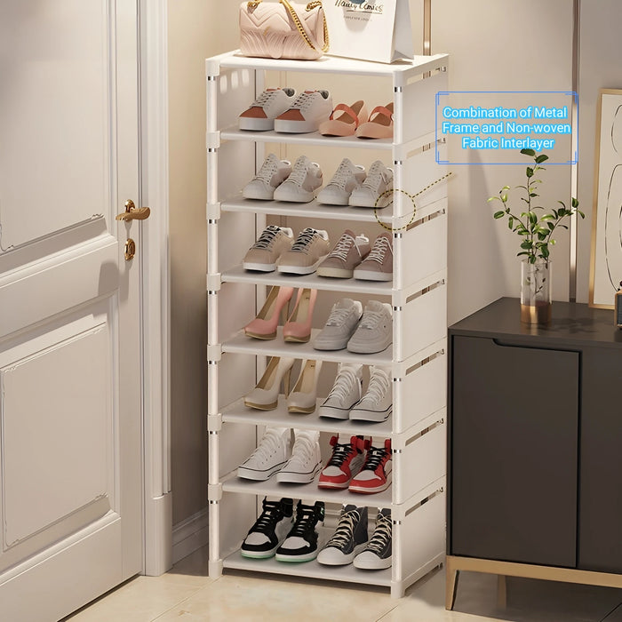 6/8-Tier Shoe Organiser — Metal Frame with Fabric Shelves, Space-Saving Rack