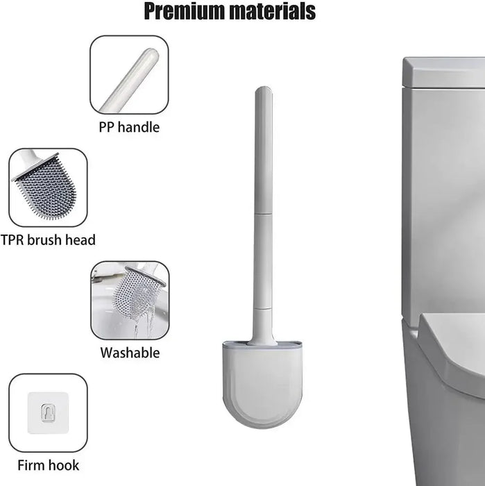 Wall-Mounted Silicone Toilet Brush Set — Easy Install, Long Handle with Portable Holder