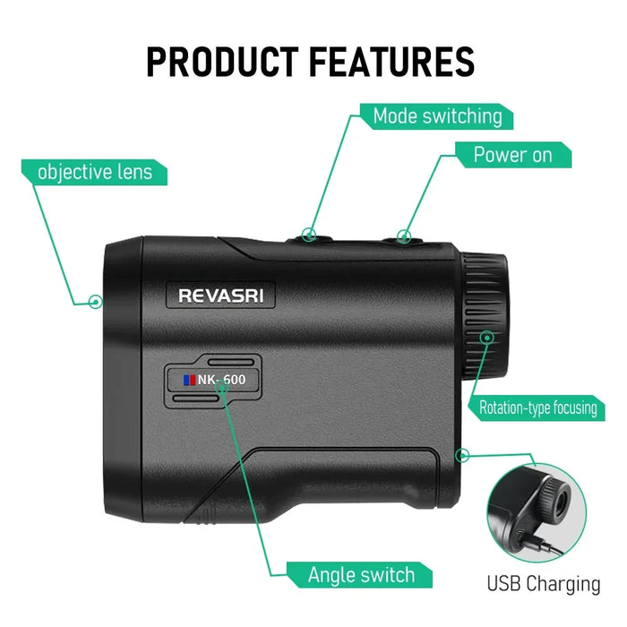 REVASRI Laser Rangefinder — 6x Magnification, Flag‑Lock & Slope, USB‑C Rechargeable (600m / 1000m models)