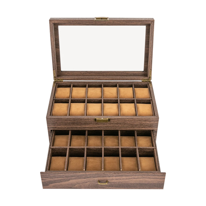 24-Slot Watch Box — Brown PU & Wood Display Case with Glass Lid