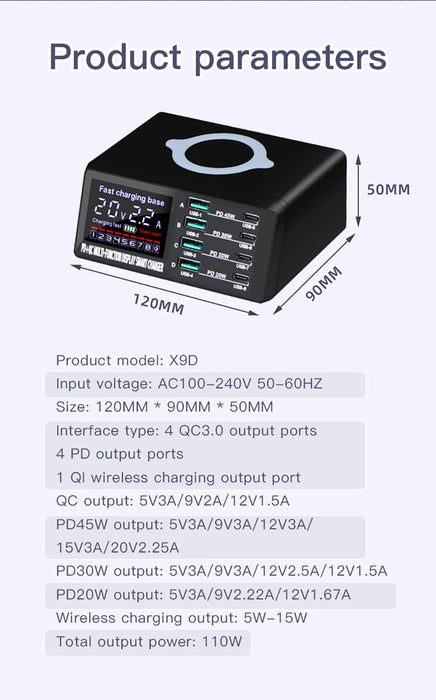 110W 8-Port USB Charging Station — 45W PD USB-C, QC3.0 & 15W Wireless (GaN)