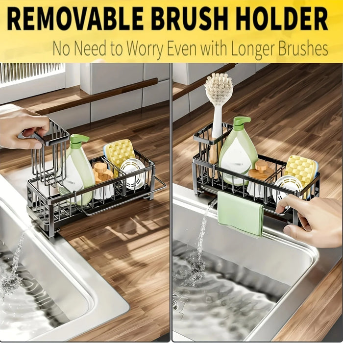 Kitchen Sink Sponge Holder – Auto-Draining Plastic Sink Caddy with Removable Brush Holder