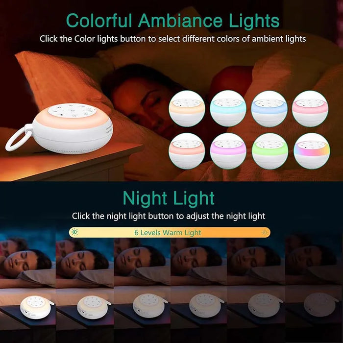 White Noise Machine — 24 Soothing Sounds, Rechargeable Night Light, Portable (USB & Bluetooth)