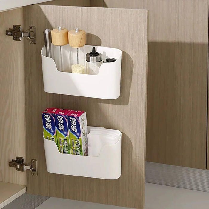 Adhesive Wall-Mounted Storage Rack – 2-Piece White Kitchen & Bathroom Organiser