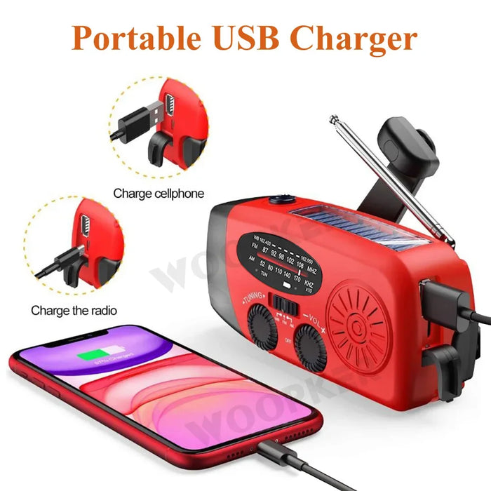 Mini Solar Crank Radio — AM/FM & 7‑Channel NOAA, USB Phone Charger, 3‑LED Torch, Waterproof