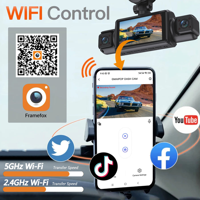 4-Channel Car Dash Cam with Wi‑Fi — FHD 1080p Front, Side & Rear, Night Vision, Hardwire Option