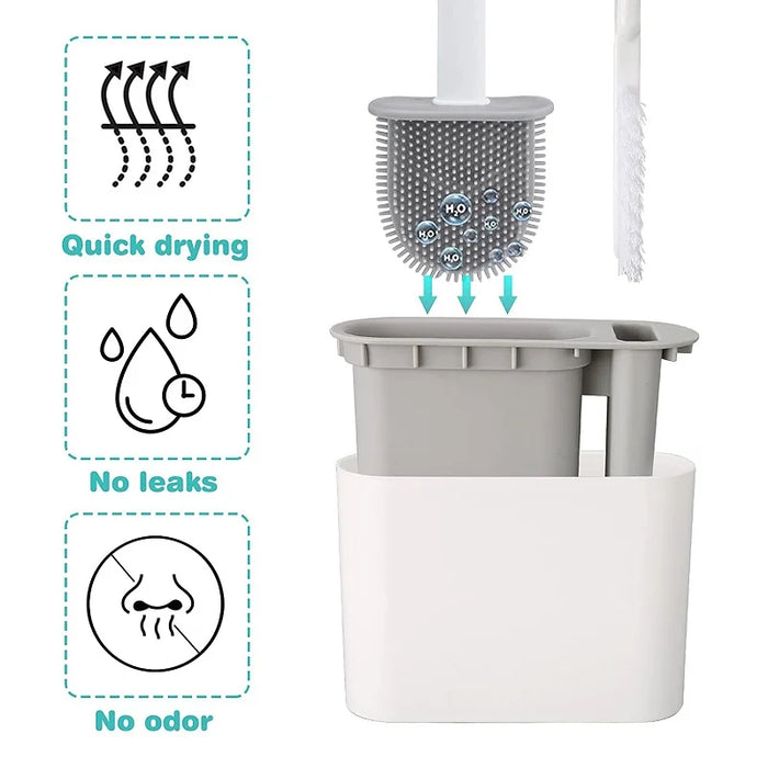 Wall-mounted Silicone Toilet Brush & Holder — Long Non-slip Handle, Ventilated Case, No-drill Fit