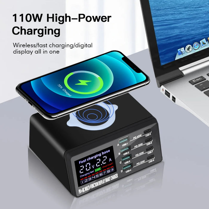 110W 8-Port USB Charging Station — 45W PD USB-C, QC3.0 & 15W Wireless (GaN)