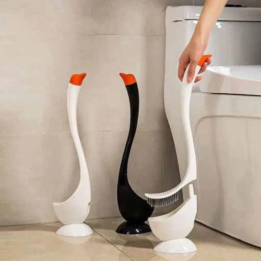 Swan-shaped Long-handle Toilet Brush with Holder — Dense Bristles, ABS (White/Blue/Black)