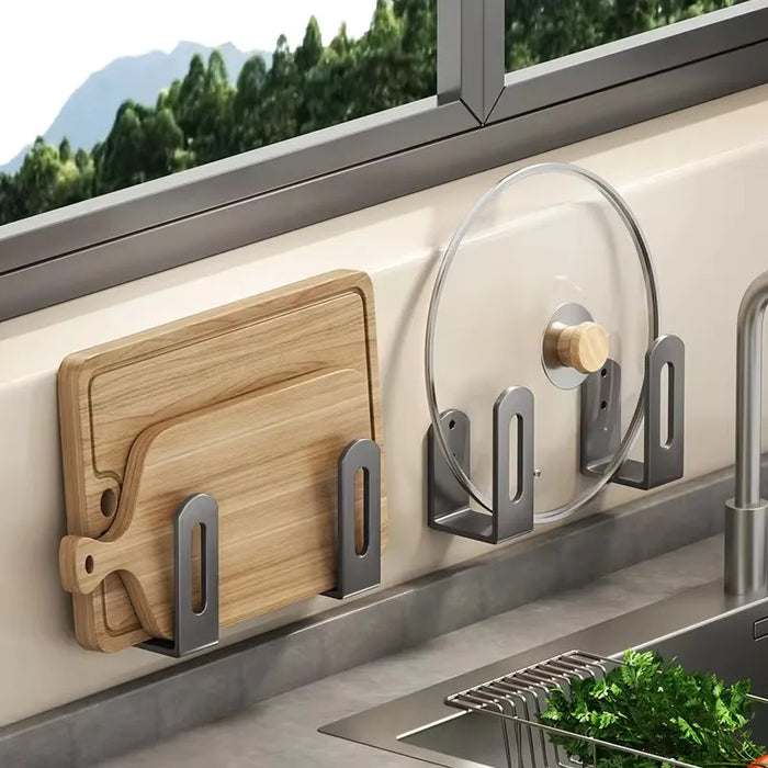 2-pack Pot Lid & Cutting Board Holder — Wall-Mounted Metal Rack (Black or Grey)