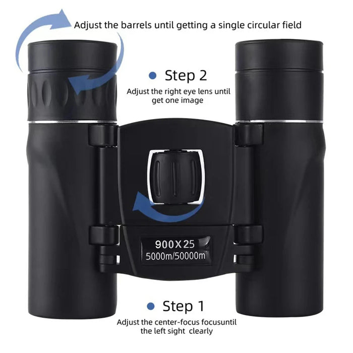 900x25 HD Zoom Portable Binoculars - 25mm BAK4 Prism, Folding Low-Light