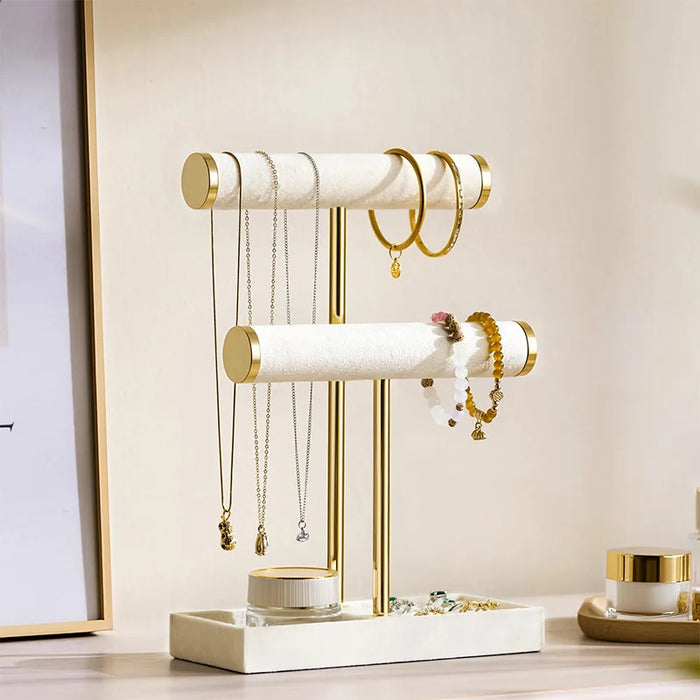 Two-Level T-Style Bangle Stand – Wooden, Velvet-Lined Jewellery Display (Black, Beige)