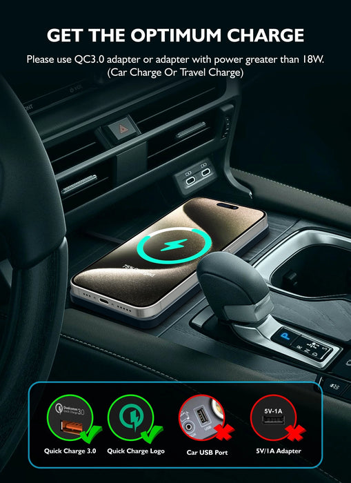 15W Qi Wireless Car Charger Pad with USB — QC3.0 Input, Compatible with iPhone 11–16 & Qi Devices
