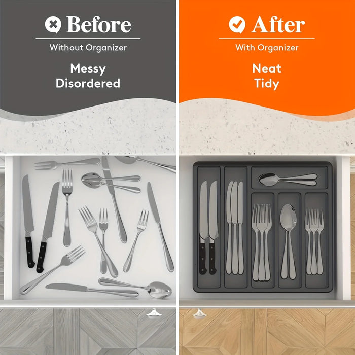 Covered Cutlery Organiser — 6-Compartment Silverware Tray with Washable Lid (PP)