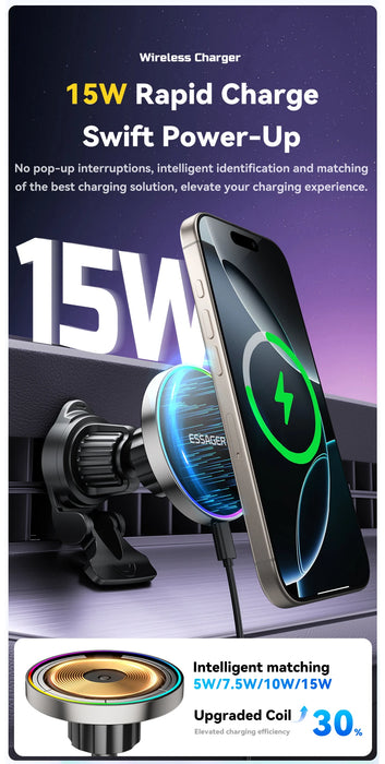 15W Magnetic Wireless Car Charger & Holder for iPhone 12–16 (MagSafe) with RGB