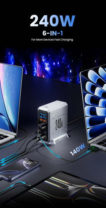 240W GaN 6-in-1 Charger — 140W PD3.1, Digital Display & Ambient Light (USB‑C / USB‑A)