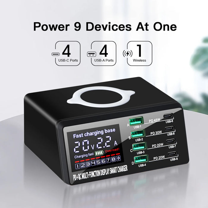 110W 8-Port USB Charging Station — 45W PD USB-C, QC3.0 & 15W Wireless (GaN)