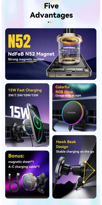 15W Magnetic Wireless Car Charger & Holder for iPhone 12–16 (MagSafe) with RGB