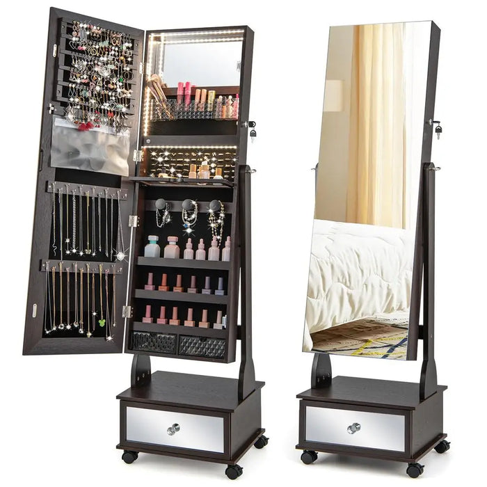 Free-standing Jewellery Cabinet — 3‑Colour LED Lights, Lockable, Full‑Length Mirror, Drawers & Wheels