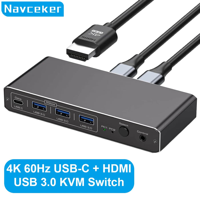USB-C Thunderbolt HDMI KVM Switch — 2‑Port, 4K@60Hz & 2K@120Hz, 100W PD, 1 Monitor for 2 PCs