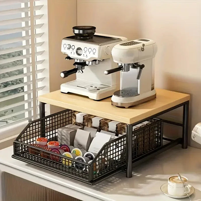 Multi-Purpose Coffee Station Organiser with Drawer & Shelves for Capsules, Cups and Snacks