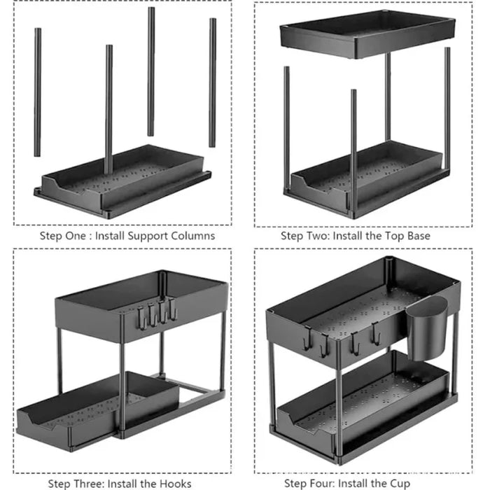 2-Tier Sliding Under-Sink Organiser – Cabinet Basket with Hooks & Hanging Cup