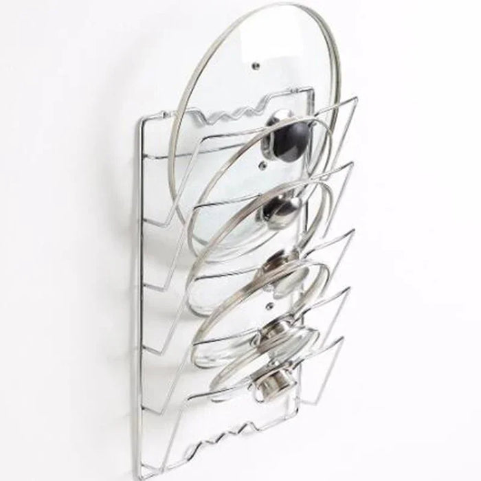 Wall-Mounted Pot Lid Rack — 5-Tier Chrome Pot Lid Holder