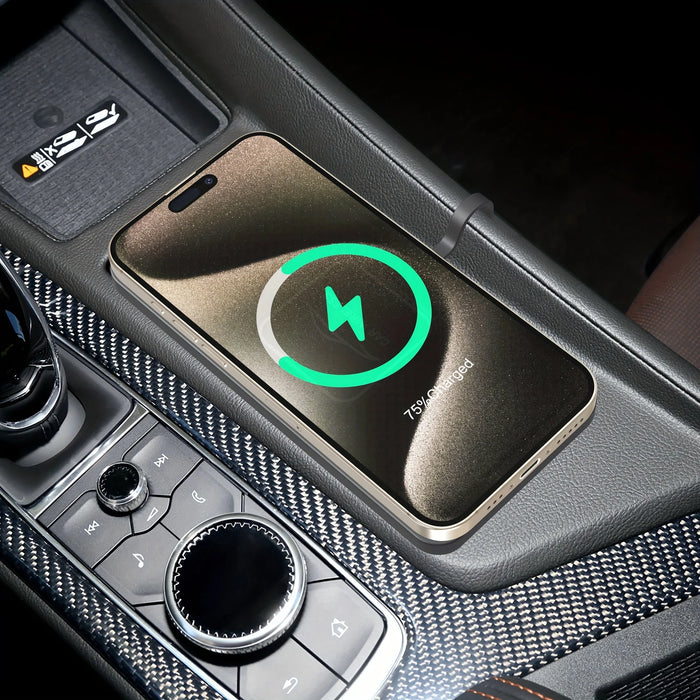 15W Qi Wireless Car Charger Pad with USB — QC3.0 Input, Compatible with iPhone 11–16 & Qi Devices