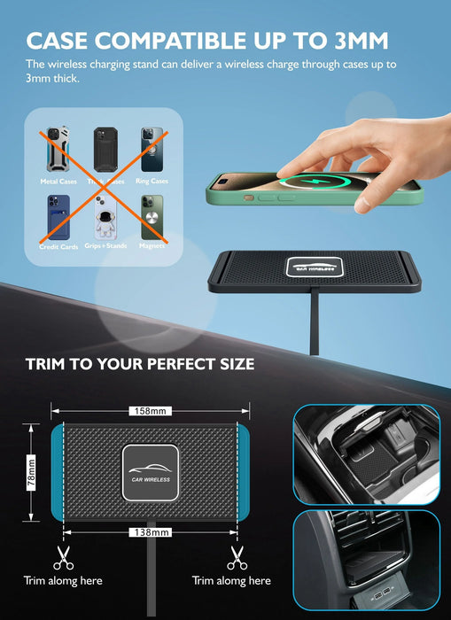 15W Qi Wireless Car Charger Pad with USB — QC3.0 Input, Compatible with iPhone 11–16 & Qi Devices