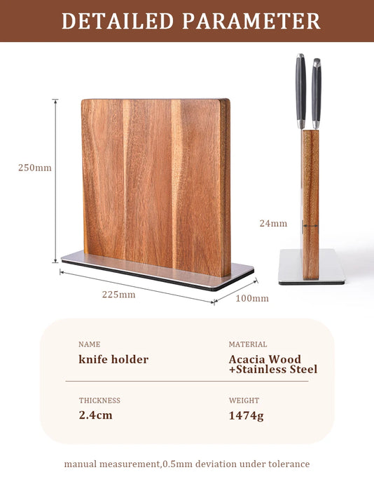 Acacia Wood Magnetic Knife Block with Stainless Steel Base