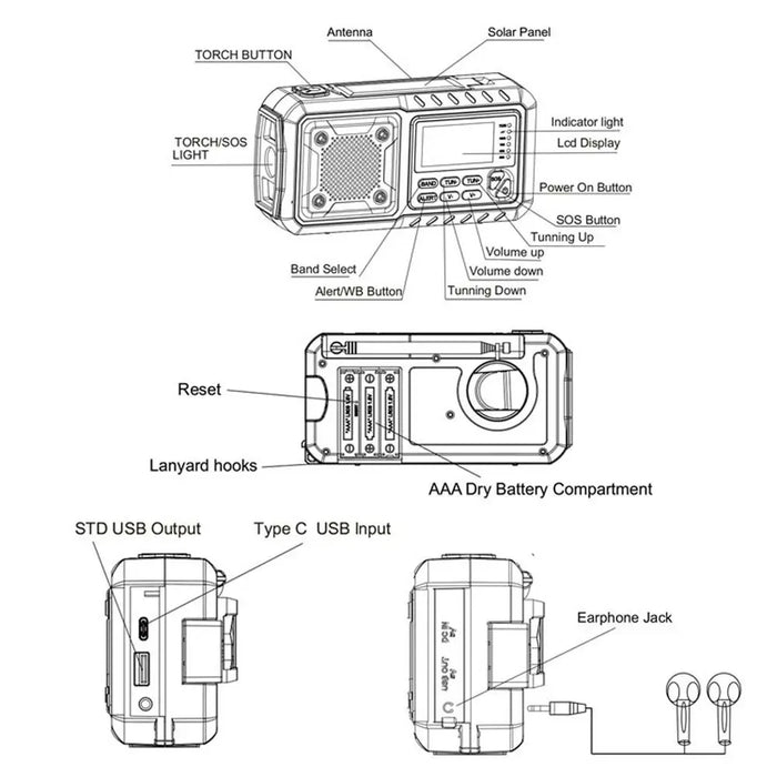 4000mAh Emergency Solar Radio with Hand Crank — AM/FM Weather Radio, LED Reading Light & Phone Charger