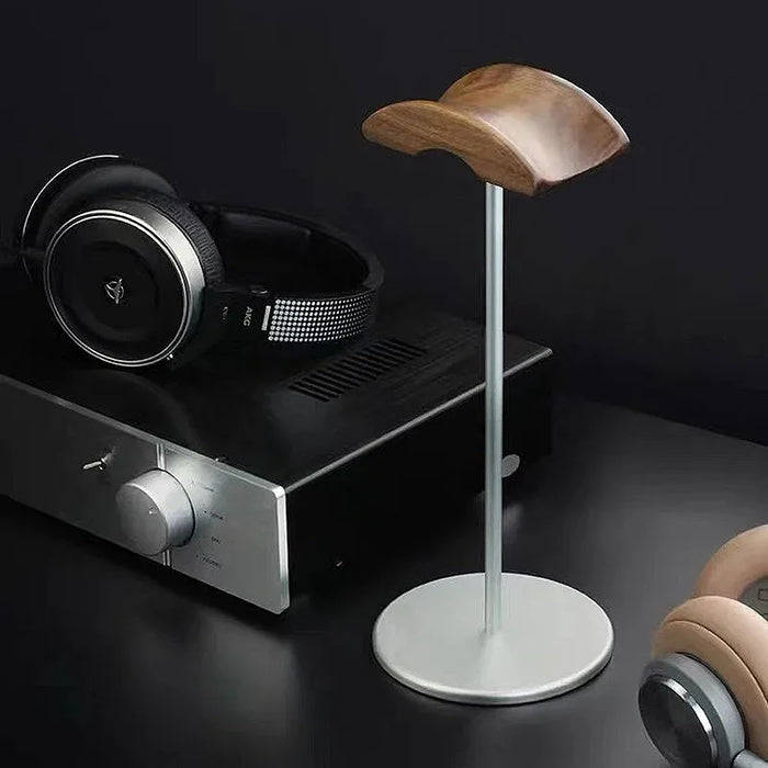 Walnut Wood & Aluminium Headphone Stand with Solid Metal Base — Desk Headset Holder