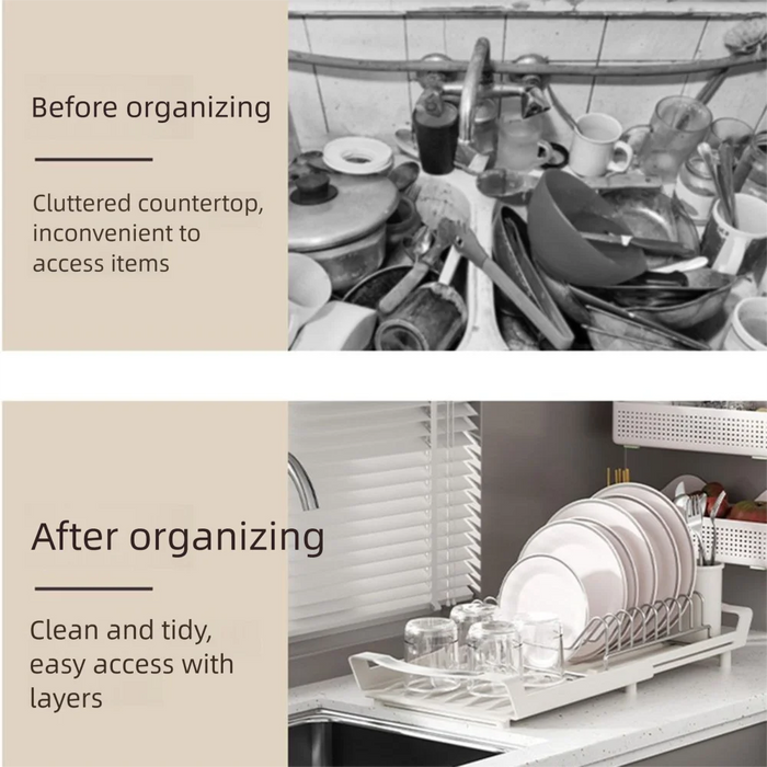 Extendable Dish Drying Rack — Space-saving Large Capacity Utensil & Dinnerware Organiser
