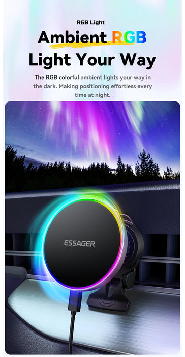 15W Magnetic Wireless Car Charger & Holder for iPhone 12–16 (MagSafe) with RGB