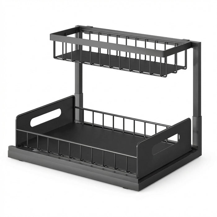 Under-Sink Pull-Out Organiser — 2-Tier Slide-Out Metal Shelf (White or Black)