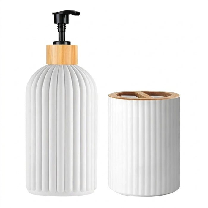 Bathroom Countertop Organiser – Soap Dispenser, Cotton Box & Toothbrush Holder (Plastic & Bamboo)