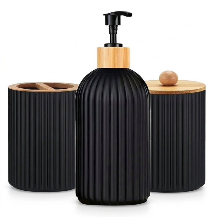 Bathroom Countertop Organiser – Soap Dispenser, Cotton Box & Toothbrush Holder (Plastic & Bamboo)