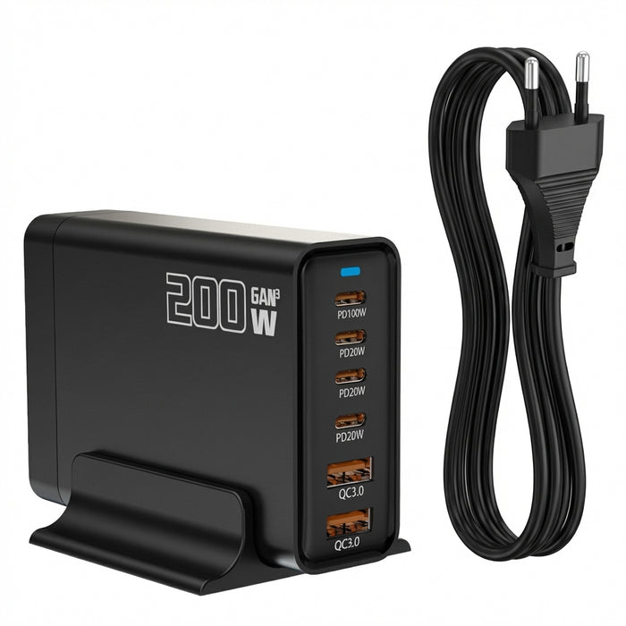 200W GaN 5‑Port USB‑C Fast Charger — Desktop Hub for MacBook Pro/Air & iPad Pro