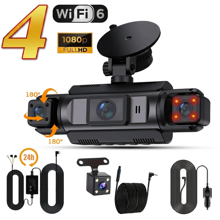4-Channel Car Dash Cam with Wi‑Fi — FHD 1080p Front, Side & Rear, Night Vision, Hardwire Option