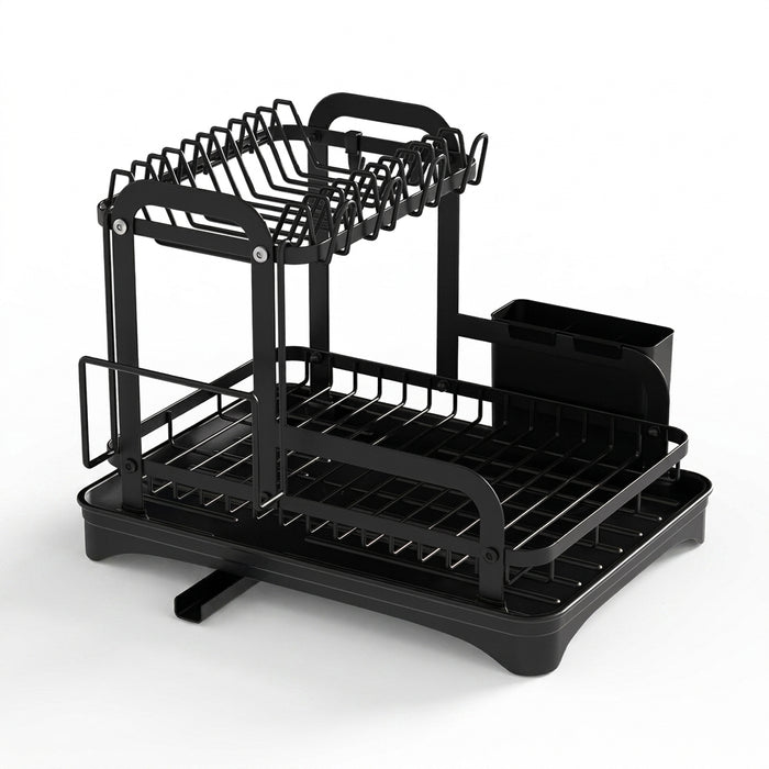2-Tier Wrought Iron Dish Drainer with 360° Drainage & Drainboard