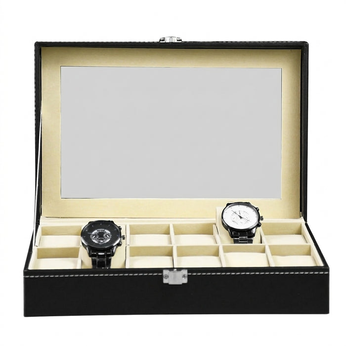 PU Leather Watch Display Box — 10 or 12-Slot Glass-Top Case
