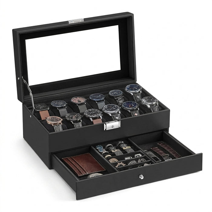 2-Tier Watch Box with Glass Lid — Holds 12 Watches, Lockable Drawer