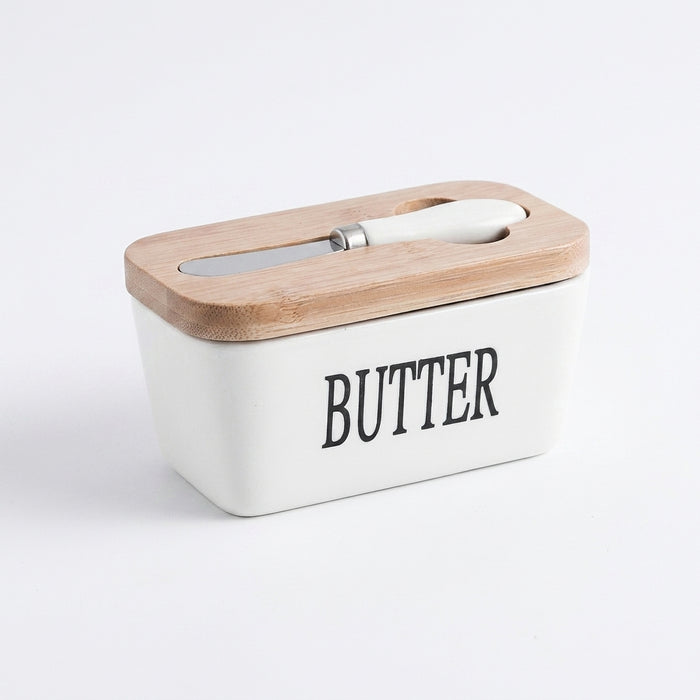 Ceramic Butter Dish with Bamboo Lid & Knife — Square Sealed Butter Box (350/500/650ml)